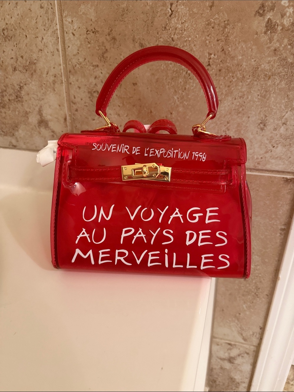 Red Clear Vinyl (Jelly) Top-Handle Bag with White Script